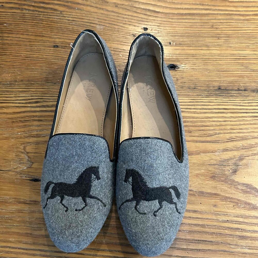 J Crew Womens Gray Embroidered Horse Design Loafer Flats Size 7